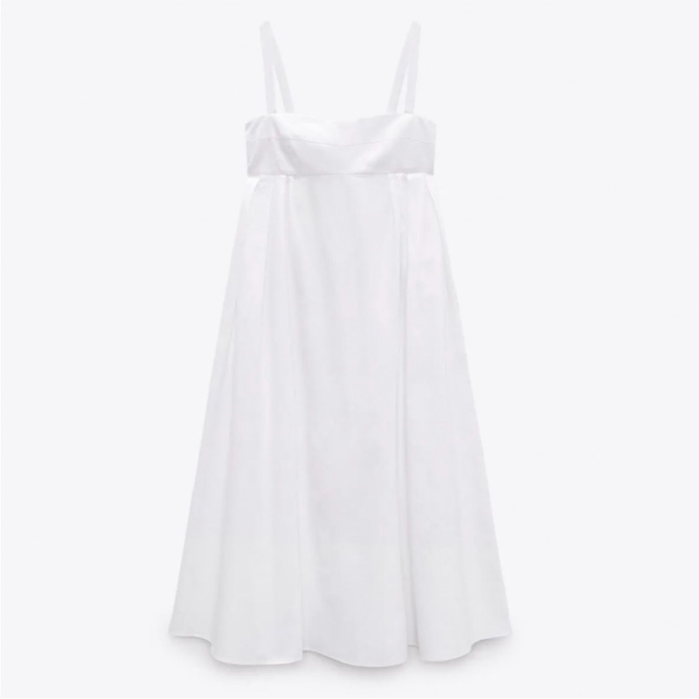 Zara Voluminous cotton white empire waist midi dress